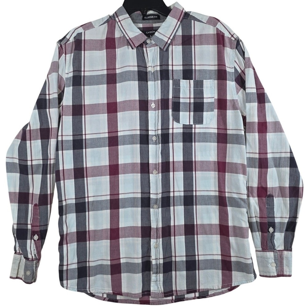 Carbon Plaid Button Down Shirt Burgundy Grey White Cotton Classic Fit Large Mens